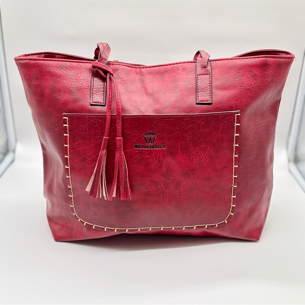 Weimeibaige Wine Red Vegan Leather‎ Tote Bag With Braided Handles